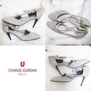 CHARLES JOURDAN Dove Gray Suede Pumps w/ Ankle Straps NEW